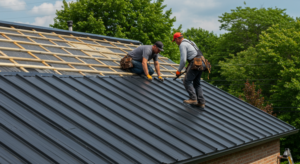 Professional roofer installing a durable metal roof on a Hazleton home, ensuring long-lasting protection and energy efficiency.