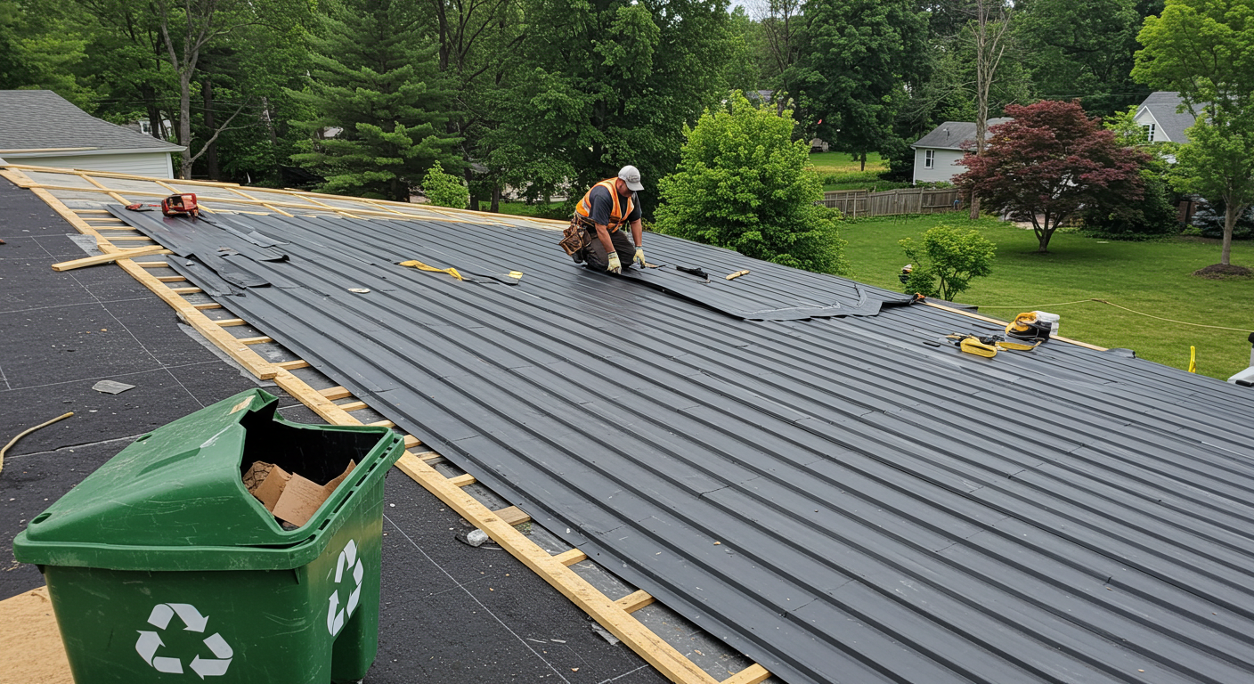 Sustainable metal roofing installation in Hazleton, featuring recyclable materials and energy-efficient design for an eco-friendly home.